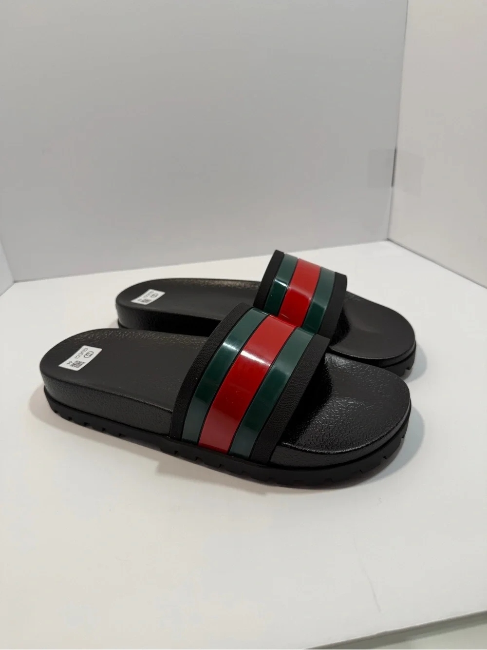 Gucci Black Slides with Red & Green Striped Band